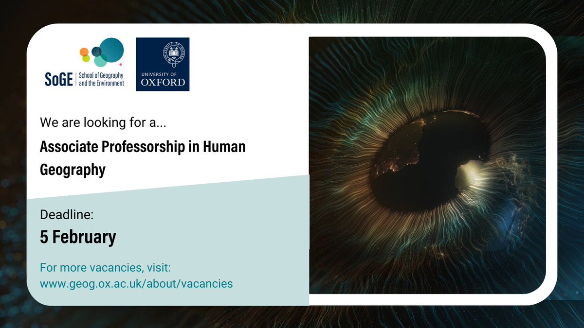 SoGE, University of Oxford (@oxfordgeography) on Twitter photo In association with <a href="/SPC_Oxford/">St Peter's College</a>, we are looking for a for a full-time Associate Professorship in Human Geography, with a focus on Economic Geography.
Deadline: 5 Feb
Please share widely!
Find out more: my.corehr.com/pls/uoxrecruit… In association with <a href="/SPC_Oxford/">St Peter's College</a>, we are looking for a for a full-time Associate Professorship in Human Geography, with a focus on Economic Geography.
Deadline: 5 Feb
Please share widely!
Find out more: my.corehr.com/pls/uoxrecruit…