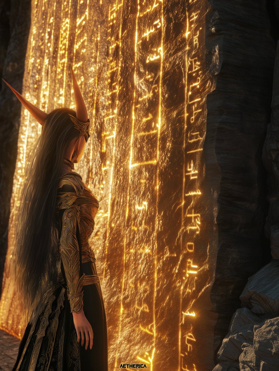 AethericaX's tweet photo. Location: Sandara Sanctum
She examines the glowing runes, powered by a form of wireless energy connected to the Helios Machines.
World: #HeliosOne | #Worldbuilding | #MidjourneyV6 | #ConceptArt