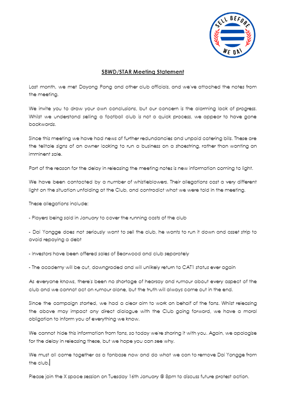 SellBeforeWeDai's tweet photo. The one you've all been waiting for! Please find attached a link to the meeting notes. 

There's been a reason for the delay in providing these, we suggest reading our statement below.

https://t.co/lgPMjOg5Ws

#SellBeforeWeDai
#ReadingFC https://t.co/8NQkNUkQ5x