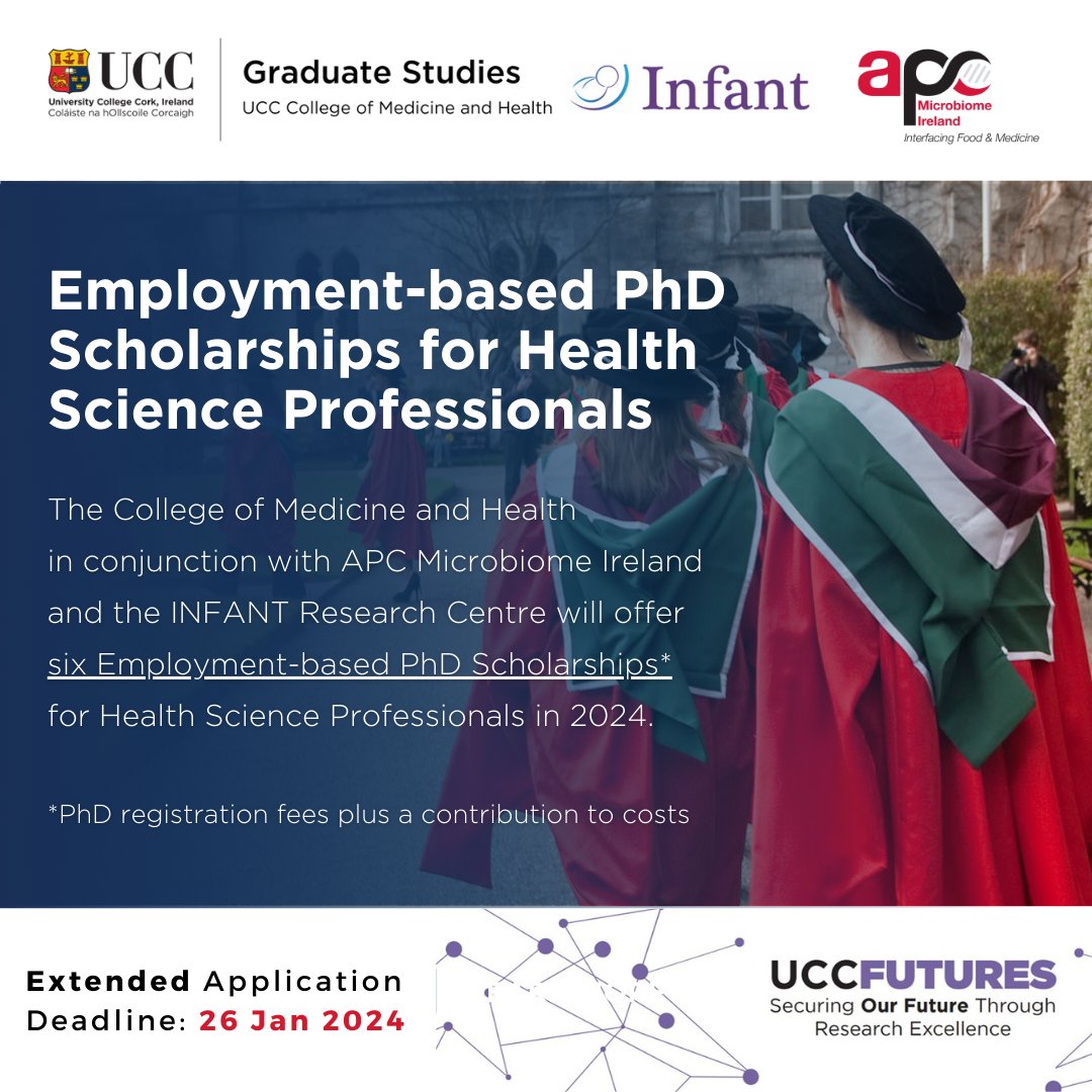 DEADLINE EXTENDED TO FRIDAY 26TH JANUARY The Employment-based PhD Scholarship Programme for Health Science Professionals provides an opportunity for Health Science Professionals to conduct research whilst in employment. To find out opportunity, visit ucc.ie/en/med-health/…