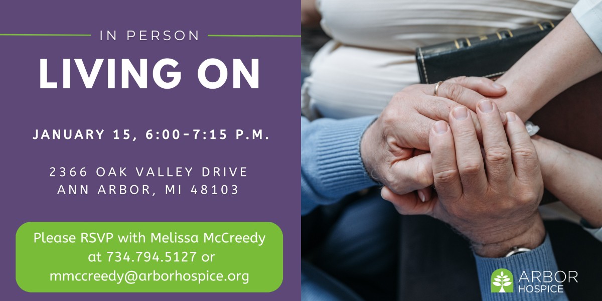 ArborHospice's tweet image. Join us on Jan. 15, from 6 to 7:15 p.m., for a compassionate in-person #LivingOn support group. This session provides a safe and non-judgmental space for individuals coping with #grief.

Discover more about this event and explore upcoming sessions: brnw.ch/21wFZGF
