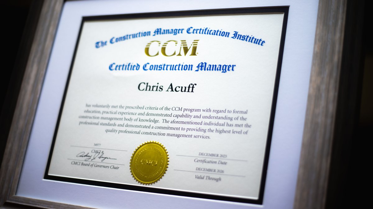 Allworld_PM's tweet photo. Congratulations to our Vice President of Construction Services, Chris Acuff, for achieving his Certified Construction Manager Certification (CCM)! This prestigious designation is a testament to his commitment to excellence and leadership in program management. https://t.co/ftaXRfiTzn