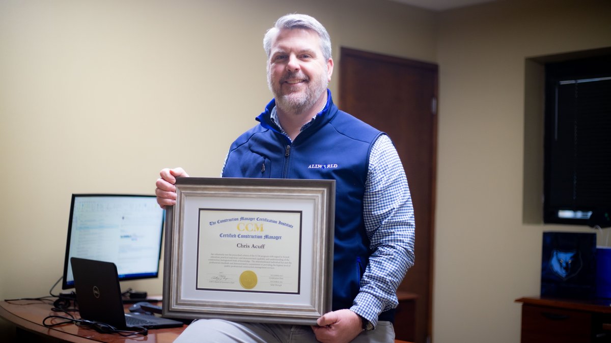Allworld_PM's tweet photo. Congratulations to our Vice President of Construction Services, Chris Acuff, for achieving his Certified Construction Manager Certification (CCM)! This prestigious designation is a testament to his commitment to excellence and leadership in program management. https://t.co/ftaXRfiTzn