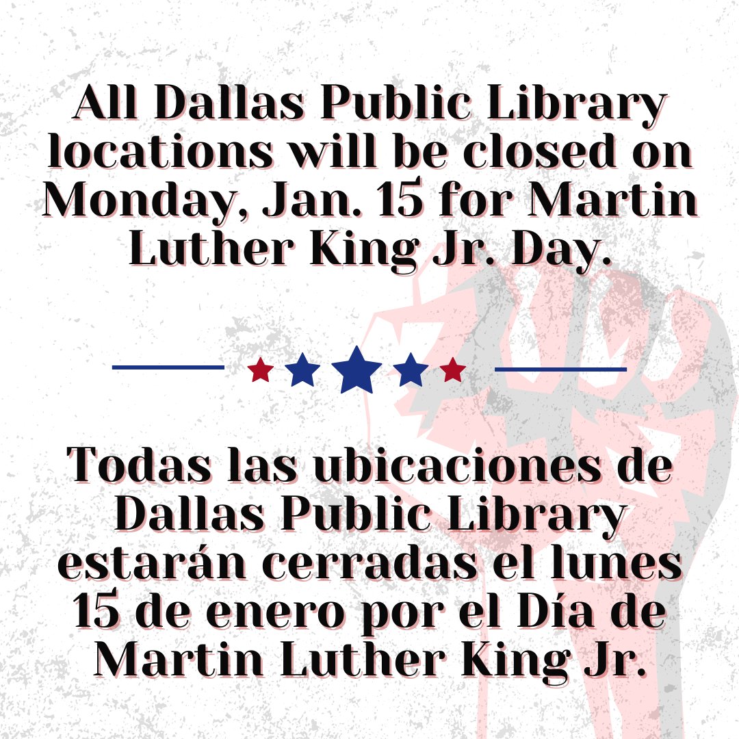 dallaslibrary's tweet photo. All Dallas Public Library locations will be closed on Monday, Jan. 15, for Martin Luther King Jr. Day.
Todas las ubicaciones de Dallas Public Library estarán cerradas el lunes 15 de enero por el Día de Martin Luther King Jr. https://t.co/Tx1cUCBLUY
