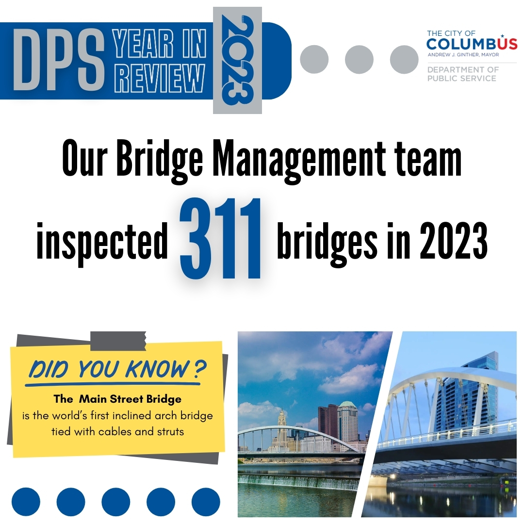 ColumbusDPS's tweet photo. #DPSYearInReview2023: Our Bridge Management team went above and beyond, inspecting a whopping 311 bridges! What's our secret? An array of inspection tools including Drone technologyπ€! These high-flying helpers make inspections efficient and effective #BridgeMagic https://t.co/nHgiICwD3q