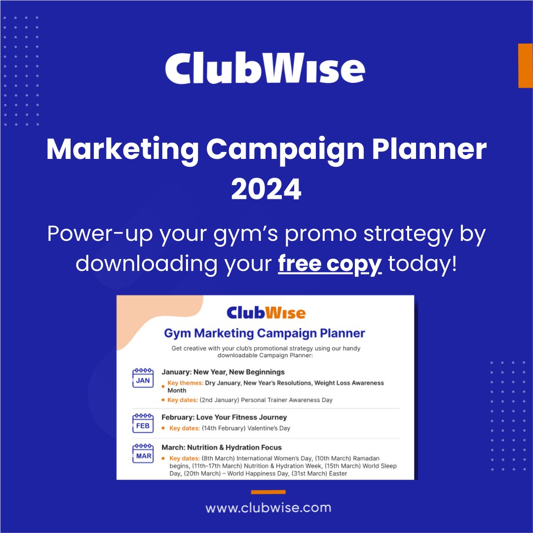 Clubwise's tweet photo. Let's make sure your marketing calendar is up to date for 2024!

Download your free 2024 Gym Marketing Campaign Planner to ensure that your fitness business is ready to deliver the perfect timely promos to attract new prospects and engage your members: https://t.co/sQIEPFBAQ1 https://t.co/GINRycwR8Q