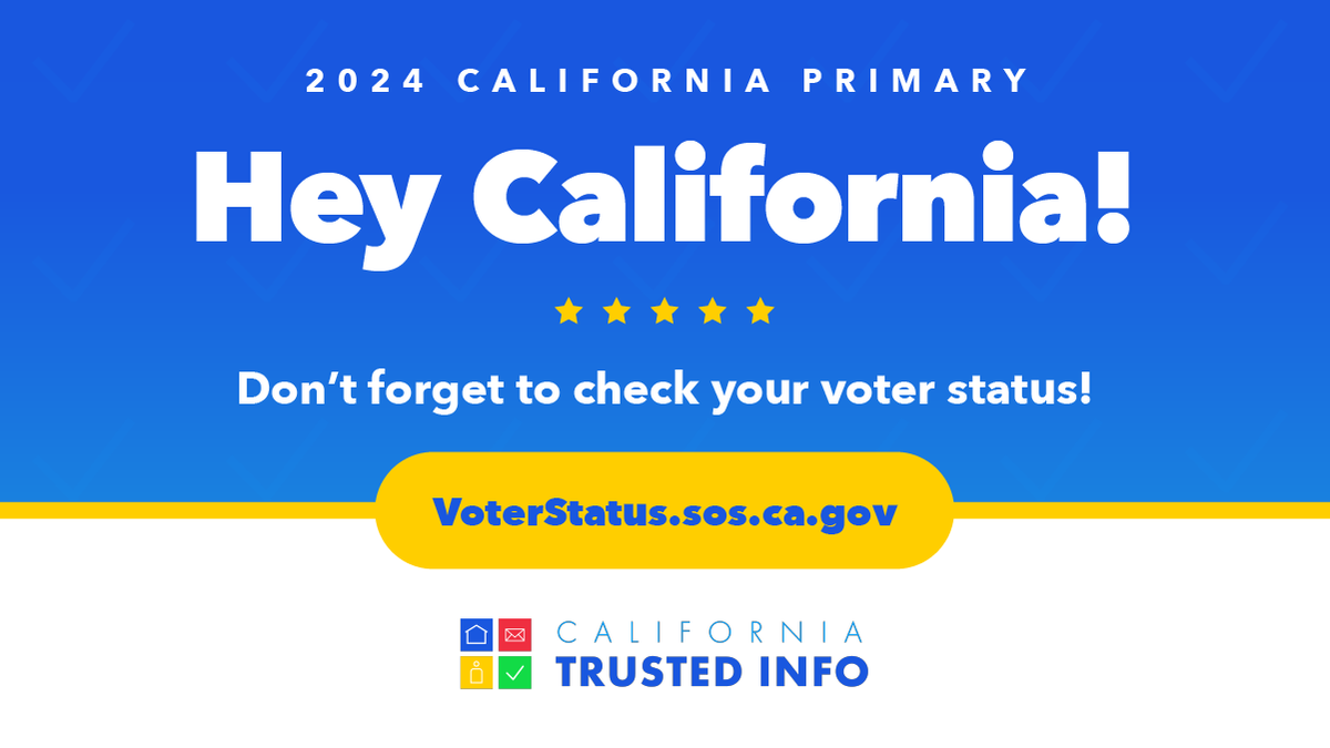 The #2024CAPrimaryElection is right around the corner. Make sure you’re ready! Verify your voter status at VoterStatus.sos.ca.gov.

#CATrustedInfo2024 #VoteCalifornia