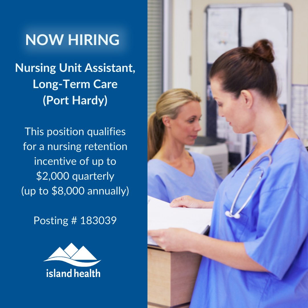 We’re hiring a Nursing Unit Assistant, Long-Term Care at Eagle Ridge Manor in Port Hardy. This part-time position qualifies for a rural nursing incentive of up to $2,000 quarterly (up to $8,000 annually). 

islandhealth.hua.hrsmart.com/hr/ats/Posting… 

#GoNorthIsland #VancouverIsland #PortHardy