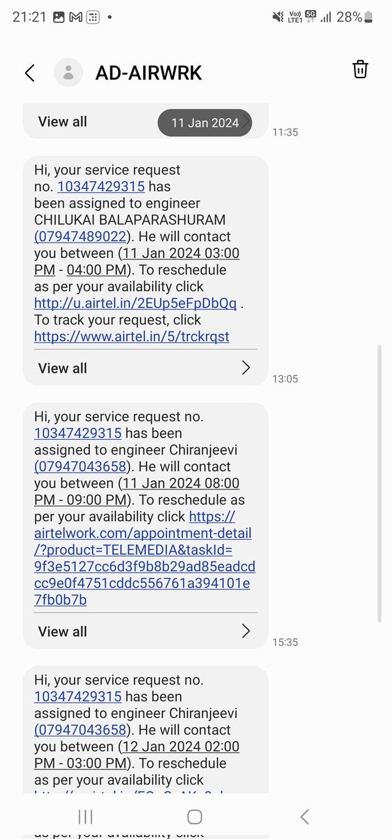BandiBansi's tweet photo. @airtelindia Pathetic Service! #AirtelBlack is totally useless. Raised complaint on 9th Jan that my broadband isn't working. They reassigned the engineer 5 times in a single day and now pushed the resolution date forward. The call center people are of no use at all. https://t.co/n60tVFsuZ6