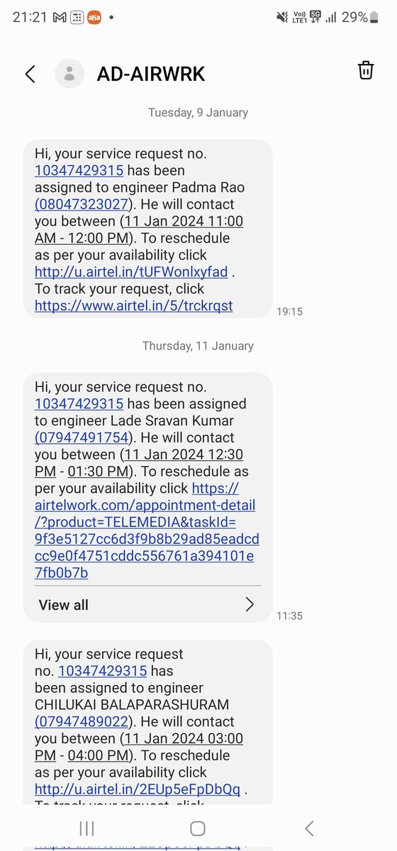 BandiBansi's tweet photo. @airtelindia Pathetic Service! #AirtelBlack is totally useless. Raised complaint on 9th Jan that my broadband isn't working. They reassigned the engineer 5 times in a single day and now pushed the resolution date forward. The call center people are of no use at all. https://t.co/n60tVFsuZ6