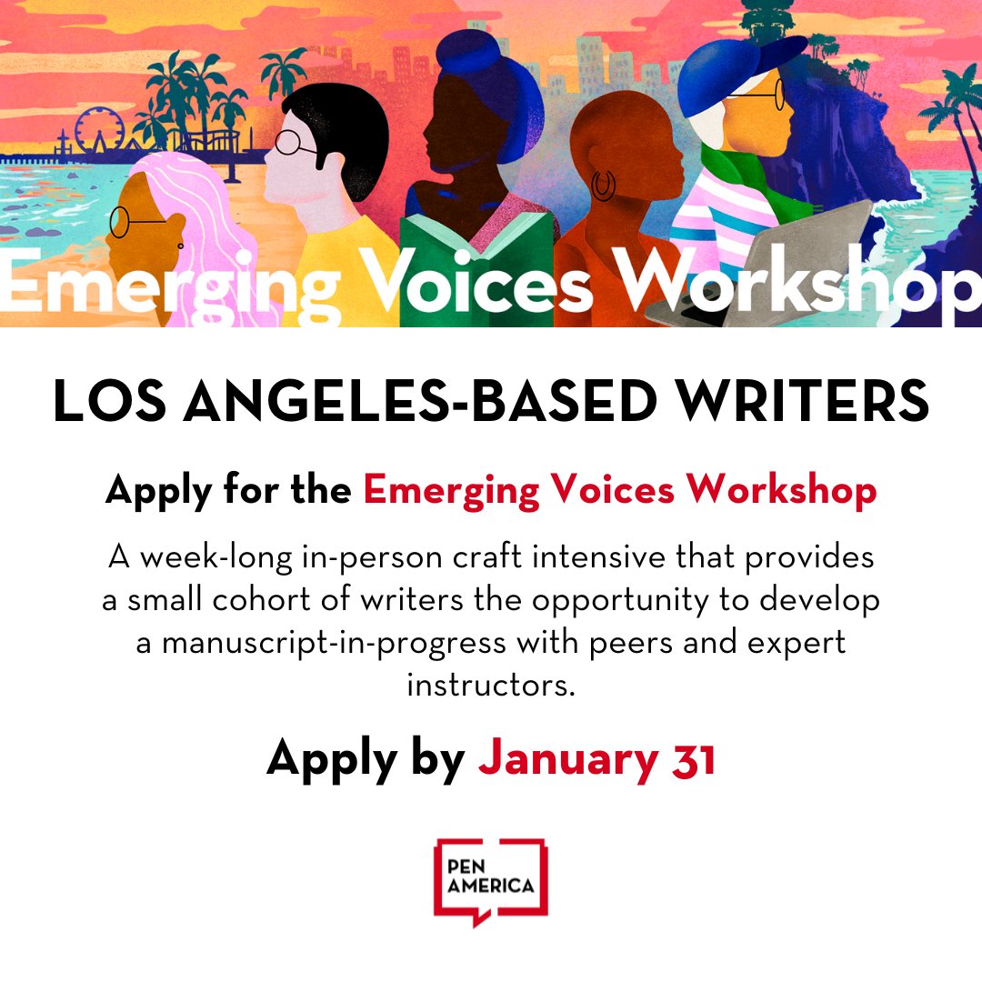 Applications are now open for the PEN America Emerging Voices Workshop in Los Angeles! This free, in-person creative writing intensive will serve early-career writers from communities underrepresented in the publishing world. Share, amplify, apply. pen.org/emerging-voice…