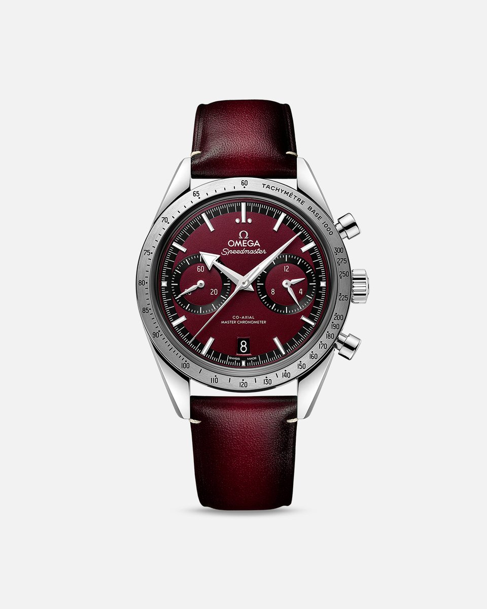 Chase Stokes’ OMEGA timepiece: the 40.5 mm Speedmaster ’57 in stainless steel with a burgundy dial, Broad Arrow hands, and Co-Axial Master Chronometer movement. omegawatches.com/33212415111001 #OMEGA #Speedmaster