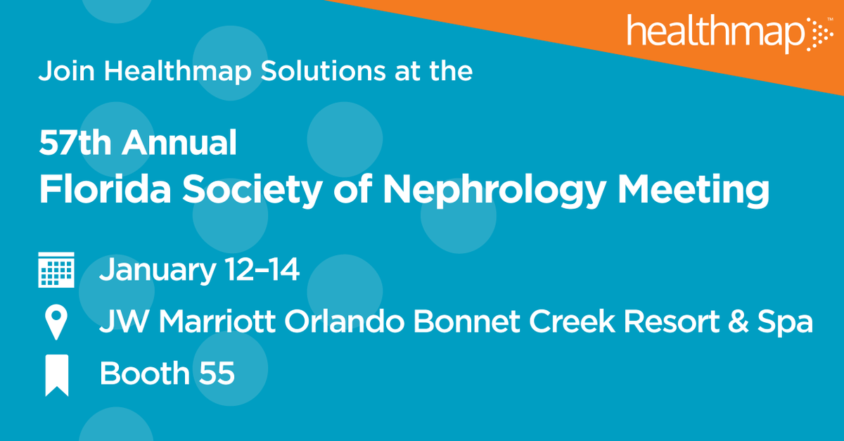 Join Healthmap Solutions at the 57th Annual Florida Society of Nephrology Meeting in Orlando, FL! Healthmap will be at booth #55 from Friday, January 12th through Sunday, January 14th. We hope to see you there! Register now: hubs.li/Q02g7Gf50 @FLNephrology