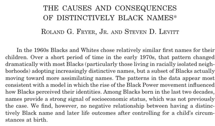 koenfucius's tweet photo. Study by Roland Fryer and @stevendlevitt found, despite audit studies showing evidence of discrimination against individuals with distinctive black names, no negative relationship between having such a name and later life outcome:
https://t.co/trnDxvoB2n https://t.co/5K5fnNuffU