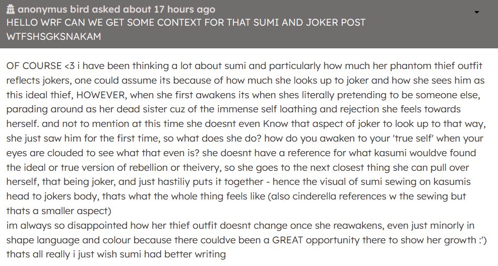 HELLO WRF CAN WE GET SOME CONTEXT FOR THAT SUMI AND JOKER POST WTFSHSGKSNAKAM - OF COURSE <3 i have been thinking a lot about sumi and particularly how much her phantom thief outfit reflects jokers, one c… https://t.co/Yujxtq7VbF 