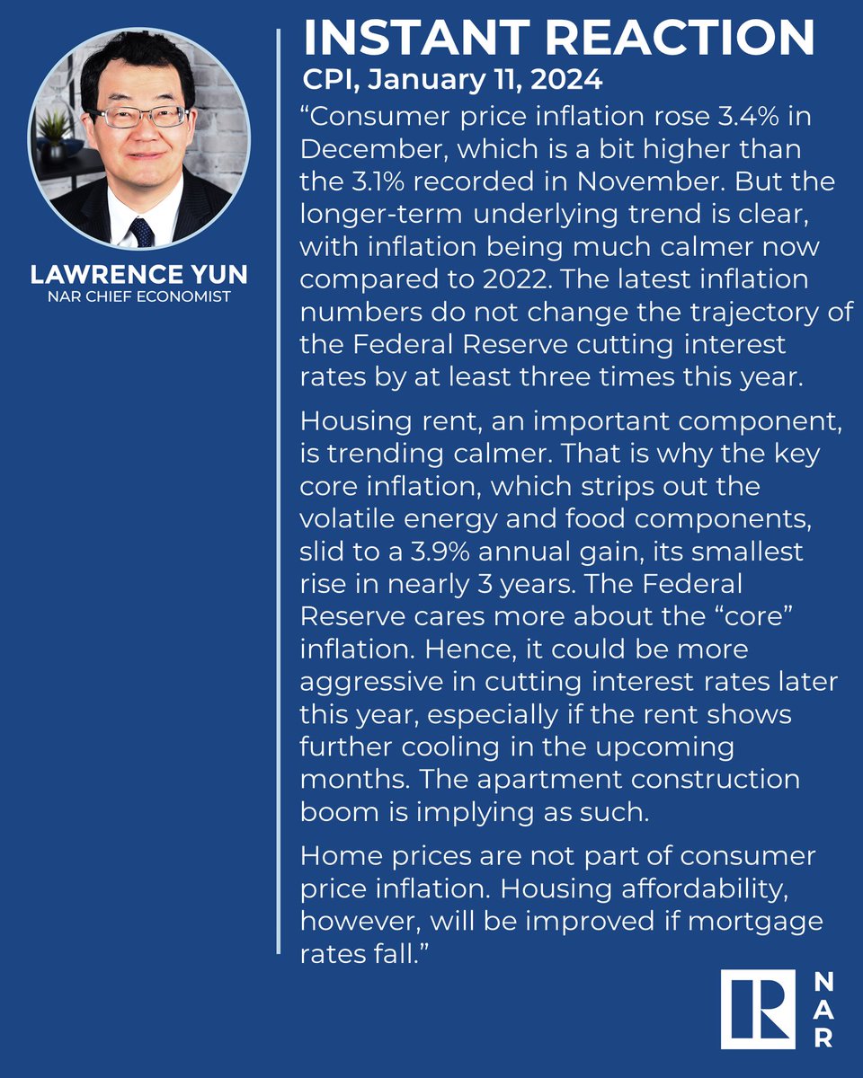 nardotrealtor's tweet photo. NAR Chief Economist Lawrence Yun reacts to the latest Consumer Price Index. https://t.co/EHWD5VegjB