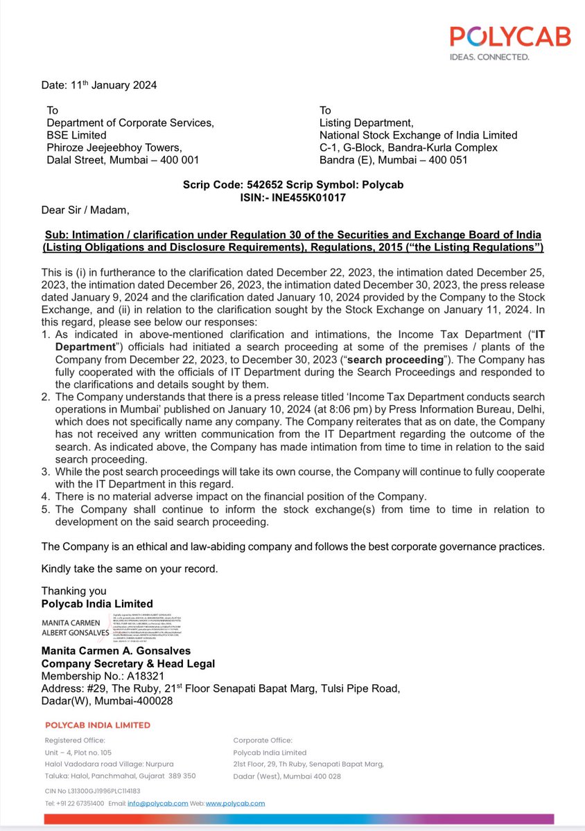 Polycab : Clarification issued 👇

#Polycab #sharemarketindia #investors #sharemarketnews #dailymarketupdate #TopLosers #investment #bse #investment #investments #stockmarketindia #fno #niftyfifty #polycabindia #stockstowatch #StocksInFocus