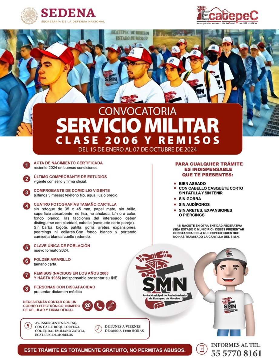 SAEcatepec2025's tweet photo. ¡Atención jóvenes de #Ecatepec! Si naciste en el 2006 es tu turno de cumplir con tu servicio militar, para ello te dejamos la convocatoria, y puedas tramitar tu Cartilla Militar. A partir del 15 de enero puedes acudir a las oficinas de Junta Municipal de Reclutamiento. https://t.co/ZJv3zYNMa6