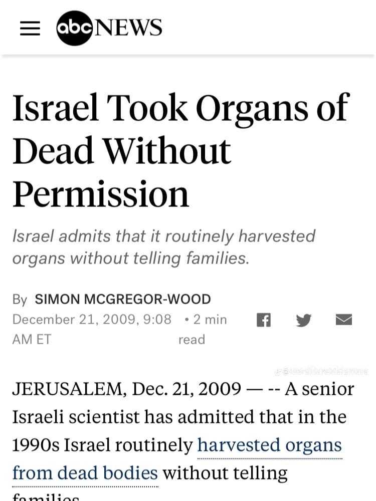 erlanishere's tweet photo. Israel's criminality is exceedingly abominable.
They love harvesting organs from corpses, including Palestinians.
#EndIsraelsGenocide https://t.co/buiMrrY2WW