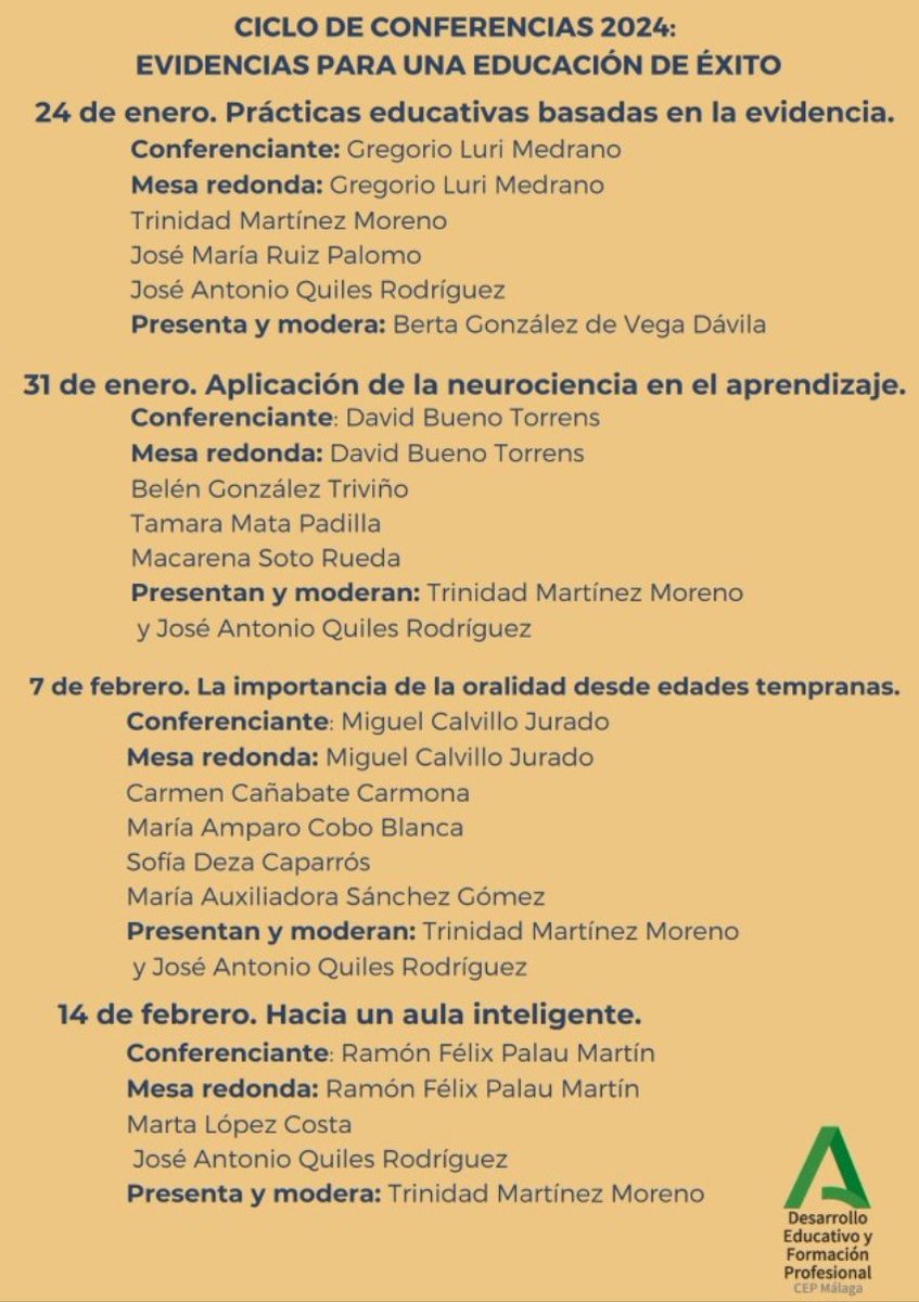 Bgontrv's tweet photo. CURSO PRESENCIAL. CICLO DE CONFERENCIAS: EVIDENCIAS PARA UNA EDUCACIÓN DE ÉXITO.  
Código: 242922GE010 
Fecha de inscripción: 13/11/2023 al 19/01/2024.  
Fecha de realización: 24/01/2024 hasta 14/02/2024.  
Lugar de realización: Instituto Andaluz del Deporte.  
@cepmalaga https://t.co/ou2vbslcMt