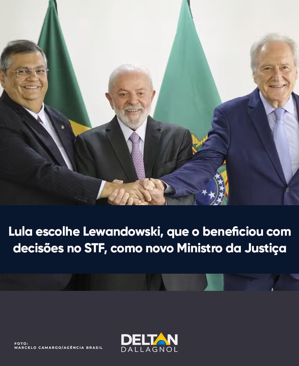 deltanmd's tweet photo. Lula indicou hoje Ricardo Lewandowski, ex-ministro do STF, para o cargo de ministro da Justiça, no lugar de Flávio Dino, que agora vai para o STF como o "ministro político" que Lula tanto queria.

Quando estava no STF, Lewandowski beneficiou Lula e o PT diretamente com decisões judiciais que abriram o caminho para que Lula se livrasse das ações penais e condenações criminais contra ele, permitindo que Lula se tornasse novamente elegível e pudesse concorrer à presidência da República.

No STF, Lewandowski:

- anulou as provas contra Lula obtidas no acordo de leniência da Odebrecht;
- permitiu à defesa de Lula acessar e usar os arquivos hackeados da operação Spoofing;
- suspendeu, e depois encerrou formalmente, três ações penais contra Lula, sendo duas delas referentes à propinas pagas pela Odebrecht relacionadas ao instituto Lula e uma relacionada à compra de caças suecos pelo governo Dilma.

Esses são apenas 3 exemplos, mas há outros, como o conceito exótico de "desordem informacional" criado por Lewandowski no TSE, que serviu de base para diversas decisões do TSE que beneficiaram a candidatura de Lula durante a corrida eleitoral, inclusive com a censura do então candidato Nikolas Ferreira, que teve vídeo sobre como seria um futuro governo Lula removido, e também censura prévia do documentário do Brasil Paralelo sobre a facada em Bolsonaro.

Além de tudo isso, a mesma situação agora vivida por Lewandowski foi usada pelo STF como um dos principais fundamentos para anular as sentenças de Sergio Moro contra Lula: o tribunal viu parcialidade de Moro ao aceitar se tornar ministro da Justiça de Bolsonaro, depois de ter tomado decisões contra Lula.

Na época em que Moro aceitou ser ministro da Justiça, Kakay, notório advogado de acusados de corrupção, chamou o fato de "tapa na cara do Judiciário". Reinaldo Azevedo, que criou o conceito de "petralhas" mas hoje é, incrivelmente, um dos defensores mais caninos do governo Lula, disse que "Ministro Moro é um exemplo assombroso de Judiciário com partido".

Até o momento, a maior parte da imprensa está em silêncio sobre o aspecto escandaloso da indicação e trata Lewandowski no MJ com normalidade. Críticas e análises semelhantes ao que foi feito em relação a Moro são raras.

Agora que Lewandowski se tornou ministro da Justiça de Lula, as decisões que ele tomou em benefício de Lula e do PT serão anuladas? Lewandowski terá sua parcialidade pró-Lula e pró-PT reconhecida?

Talvez em um Estado Democrático de Direito essas perguntas fossem respondidas. Como estamos em um Estado Democrático dos Donos do Poder, não serão.