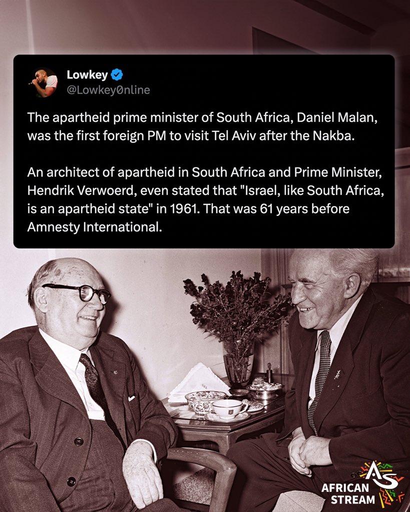 african_stream's tweet photo. 𝗛𝗢𝗪 𝗜𝗦𝗥𝗔𝗘𝗟 𝗕𝗔𝗖𝗞𝗘𝗗 𝗦𝗢𝗨𝗧𝗛 𝗔𝗙𝗥𝗜𝗖𝗔’𝗦 𝗔𝗣𝗔𝗥𝗧𝗛𝗘𝗜𝗗

South Africa has initiated proceedings at the International Court of Justice against Israel, accusing it of genocide in Gaza. Apart from it being the morally right thing to do, South Africa indeed has a bone to pick with the Israeli occupation. While Africans were fighting to rid themselves of apartheid in South Africa, Israel backed the racist settler colonial regime. Friend of the channel and rapper Lowkey has an excellent short read explaining how. Share your thoughts below.

@Lowkey0nline