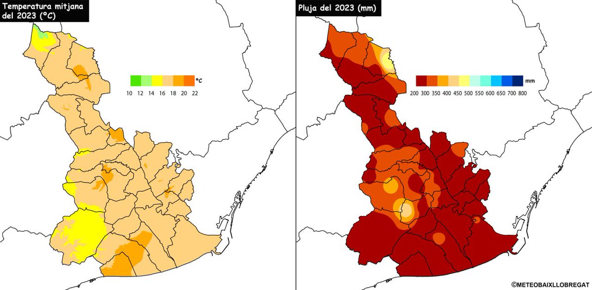 LAMETEODELBAIX's tweet photo. 🌡☔️ Temperatura mitjana i precipitació acumulada del 2023 al #BaixLlobregat. Ha estat un any molt càlid i molt sec. @AlanAlguacil @manusponja @MeteoSAB @Meteocastellvi @meteocornella @meteoecovisual @Meteovallirana @MiguelVillaFoc @meteoesplugues @InfoMeteoPrat https://t.co/PaMsljAfPa