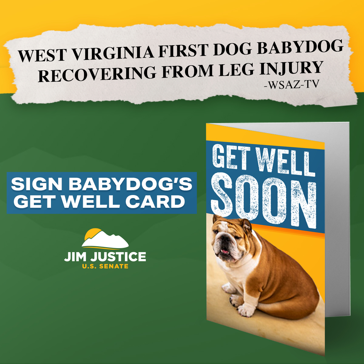 JimJusticeWV's tweet photo. ICYMI: Babydog recently injured herself. I know y’all love her as much as I do and she would appreciate everyone to sign her get-well card >> https://t.co/2FnQCtDr7g https://t.co/mDZdWHMd6r