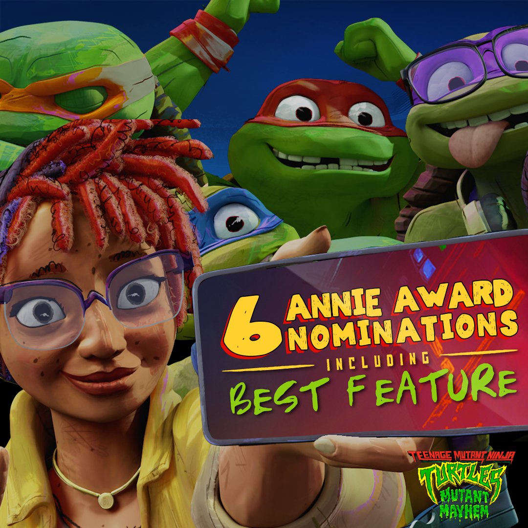 shell yeah — #TMNTMovie #MutantMayhem is nominated for 6 #AnnieAwards including Best Feature, Best Direction, Best Music, Best Production Design, Best Writing and Best Editorial! someone get the pizza! 🍕