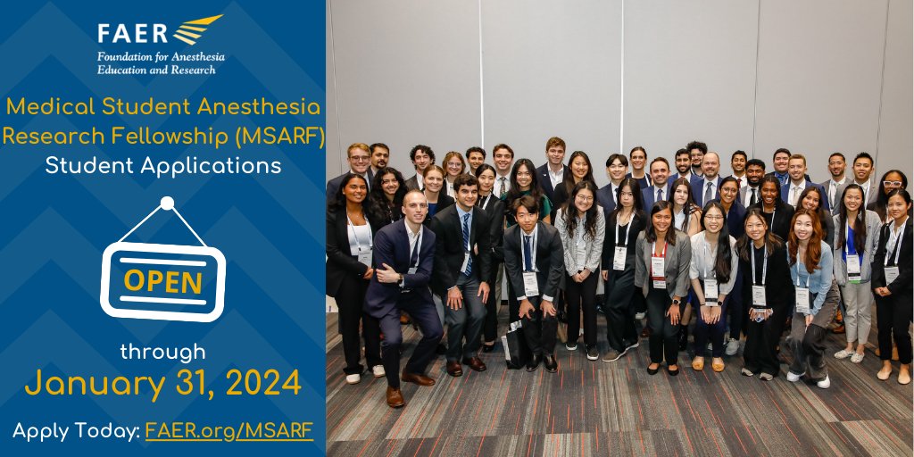 Interested in a summer of focused #anesthesia #research? Student applications for #FAERmsarf are open through 1/31!

This summer program is a perfect way to immerse yourself in the field, culminating in scientific poster presentations at #ANES23. Apply at FAER.org/MSARF!