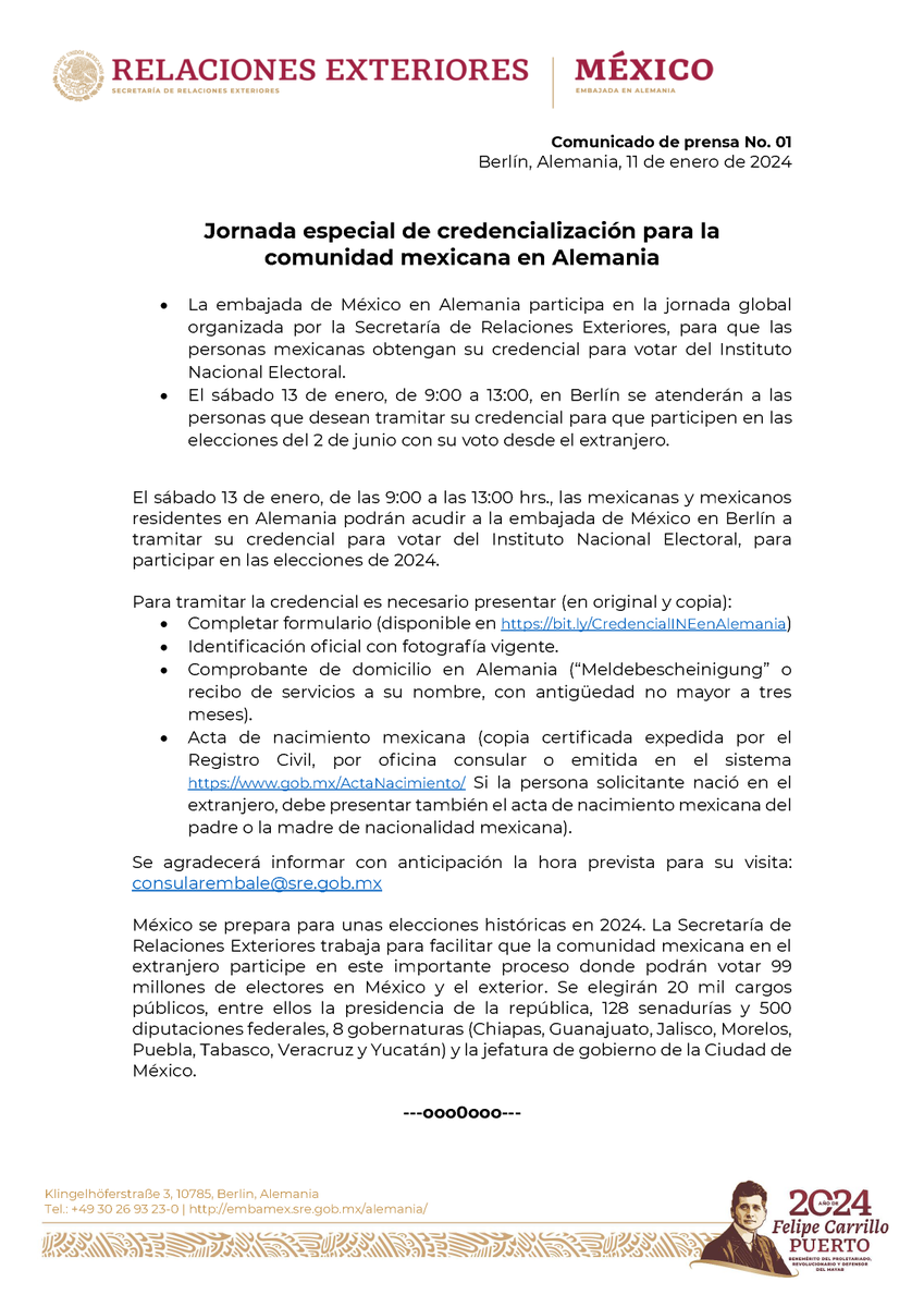 EmbaMexAle's tweet photo. Este sábado 13.01., de 9:00 a 13:00 hrs., te esperamos en @EmbaMexAle para que tramites tu credencial para votar🗳️ y participes en la elecciones históricas de 2024.

🔎Conoce los detalles: https://t.co/UsNE0vtr00

#ComunicadoDePrensa https://t.co/CN090iqUgP