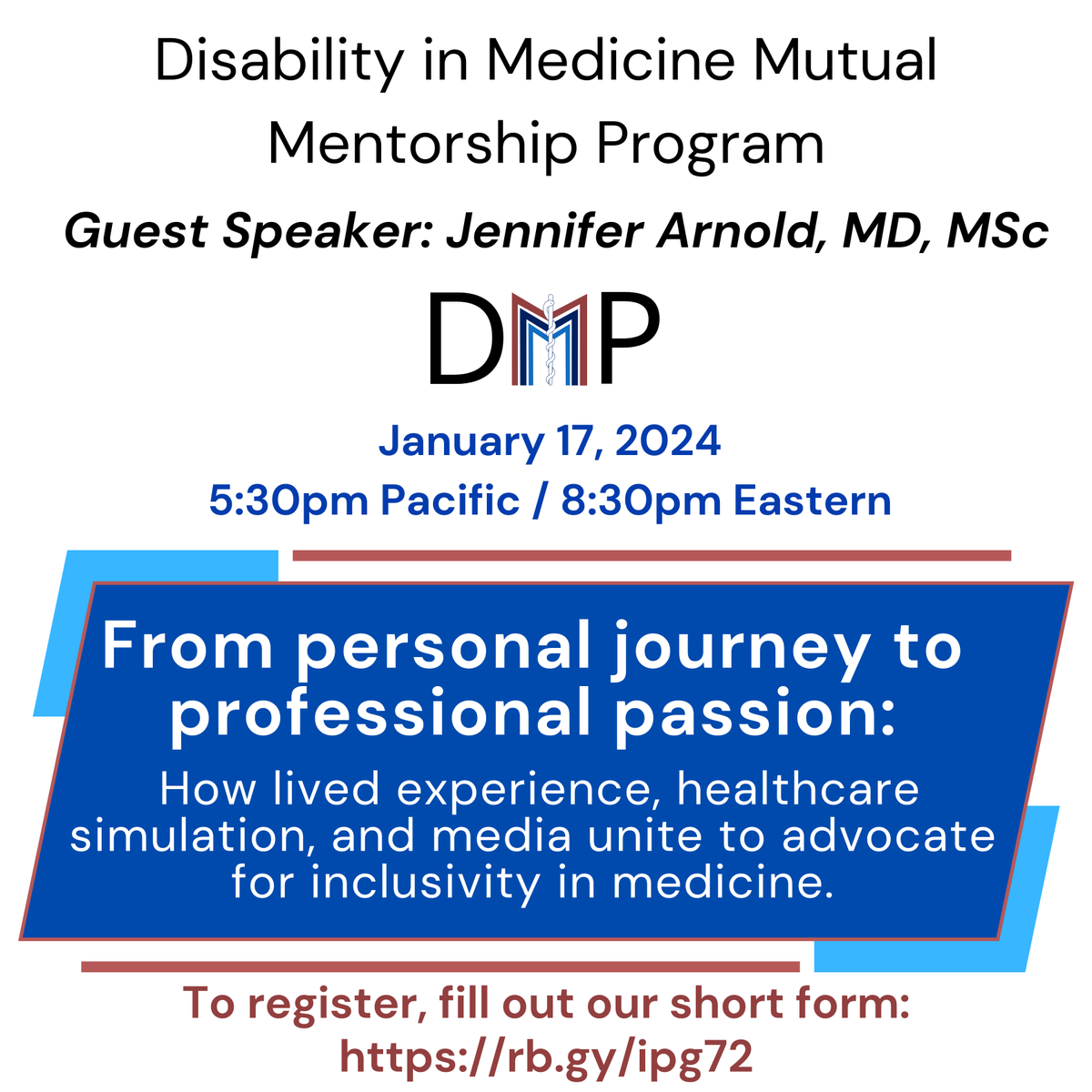 DM3P_Social's tweet photo. Jan 17th (Wed) 8:30 ET is our monthly meeting!

Speaker: Dr. @JenArnoldMD:

"From personal journey to professional passion: How lived experience, healthcare simulation, and media unite to advocate for inclusivity in medicine.”

Note: New attendees must fill out short form!

1/2 https://t.co/tr8MLQhSev