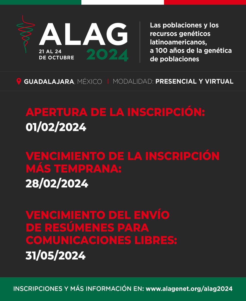 ALAG 2024 21 al 24 de Octubre

APERTURA DE LA INSCRIPCIÓN: 01/02/2024

VENCIMIENTO DE LA INSCRIPCIÓN: 28/02/2024

VENCIMIENTO DEL ENVÍO DE RESÚMENES PARA COMUNICACIONES LIBRES: 31/05/3024
INSCRIPCIONES Y MAS INFORMACIÓN: alagenet.org/alag2024