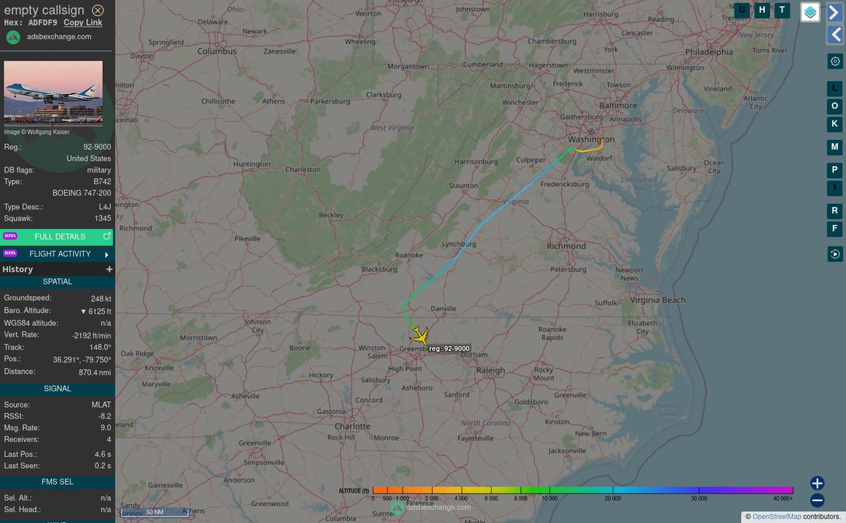 TheIntelFrog's tweet photo. Heads up around Greensboro, NC.  

US Air Force VC-25A #ADFDF9 as VENUS02 is doing a low level route just north of town. https://t.co/MtKkESnVGM