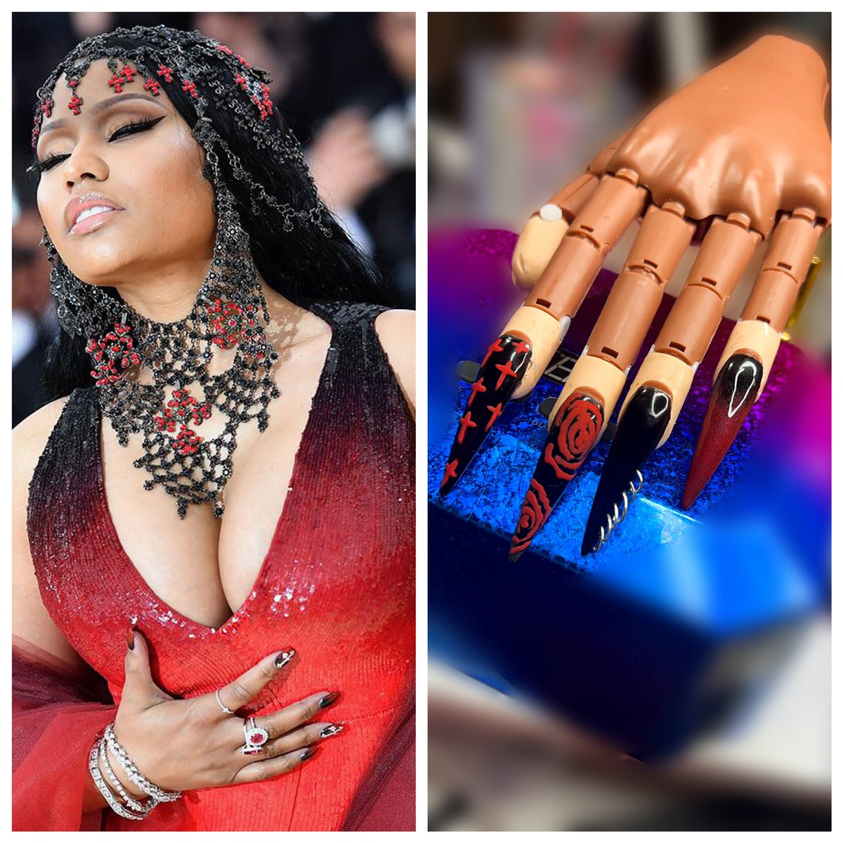 PressednPretty's tweet photo. So today in class we had to do a nail set based off a person statement piece…..sooooooo why not @NICKIMINAJ ?! Saw this pic on google and was like BAM!! NECKLACE!! In the short amount of time, I came up with this design. What you guys think?

#barbz #NickiMinaj #explore #fyp https://t.co/foVcTg3Bcx