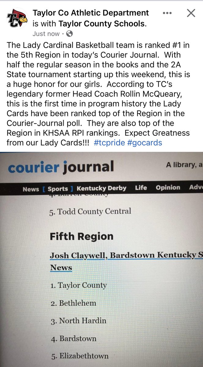 SportsTaylor's tweet photo. Lady Cards lead the 5th Region in this weeks Courier Journal poll. @TCHSLadyCards @TC_Schools_KY #goladycards https://t.co/FWLLMGWT0i