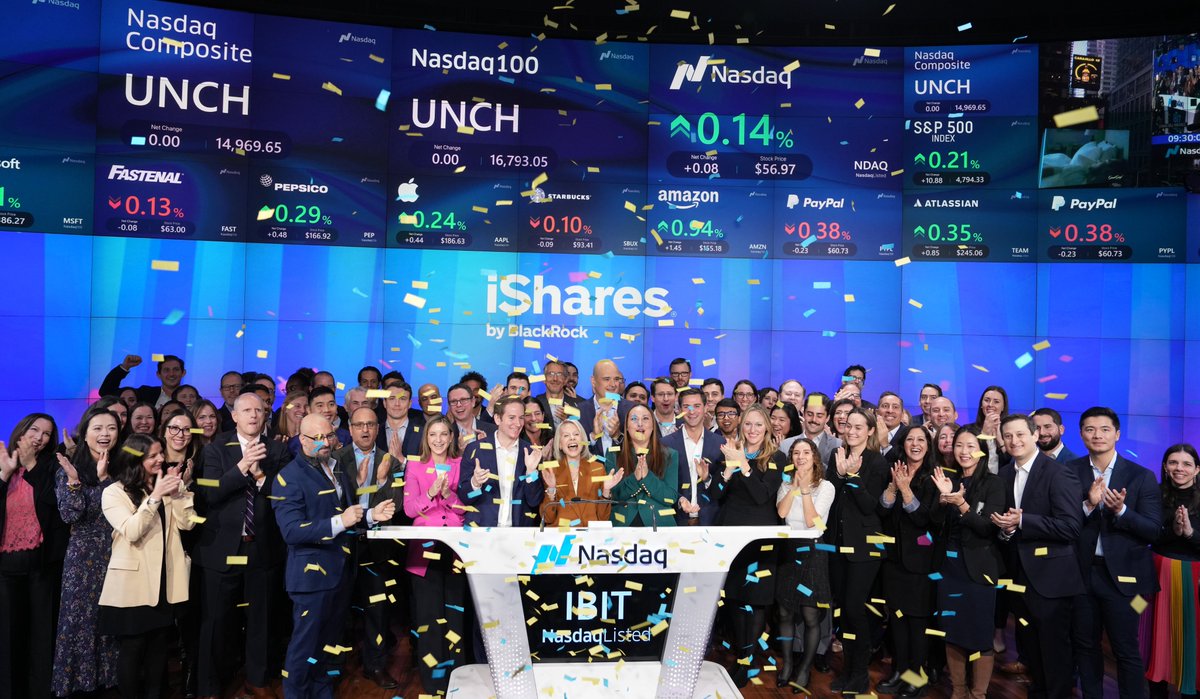 Today, morning bells are ringing for spot bitcoin ETFs. Thanks to our partners at @iShares and @Nasdaq for the opportunity to celebrate this milestone with @emiliemc and the Coinbase team.