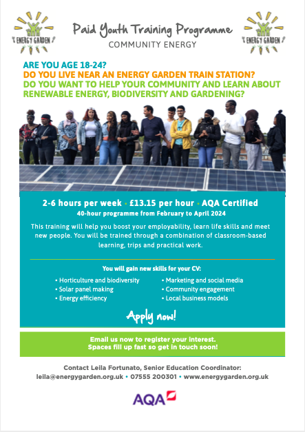 Happy New Year all! We are hitting the ground running recruiting for our new #YouthTraining cohort. Sustainability course and fieldwork | Feb-April • 2-6 hours per week • £13.15/hr • AQA Certified | You must be 18-24 and living in #london Apply here energygarden.org.uk/youth-training…