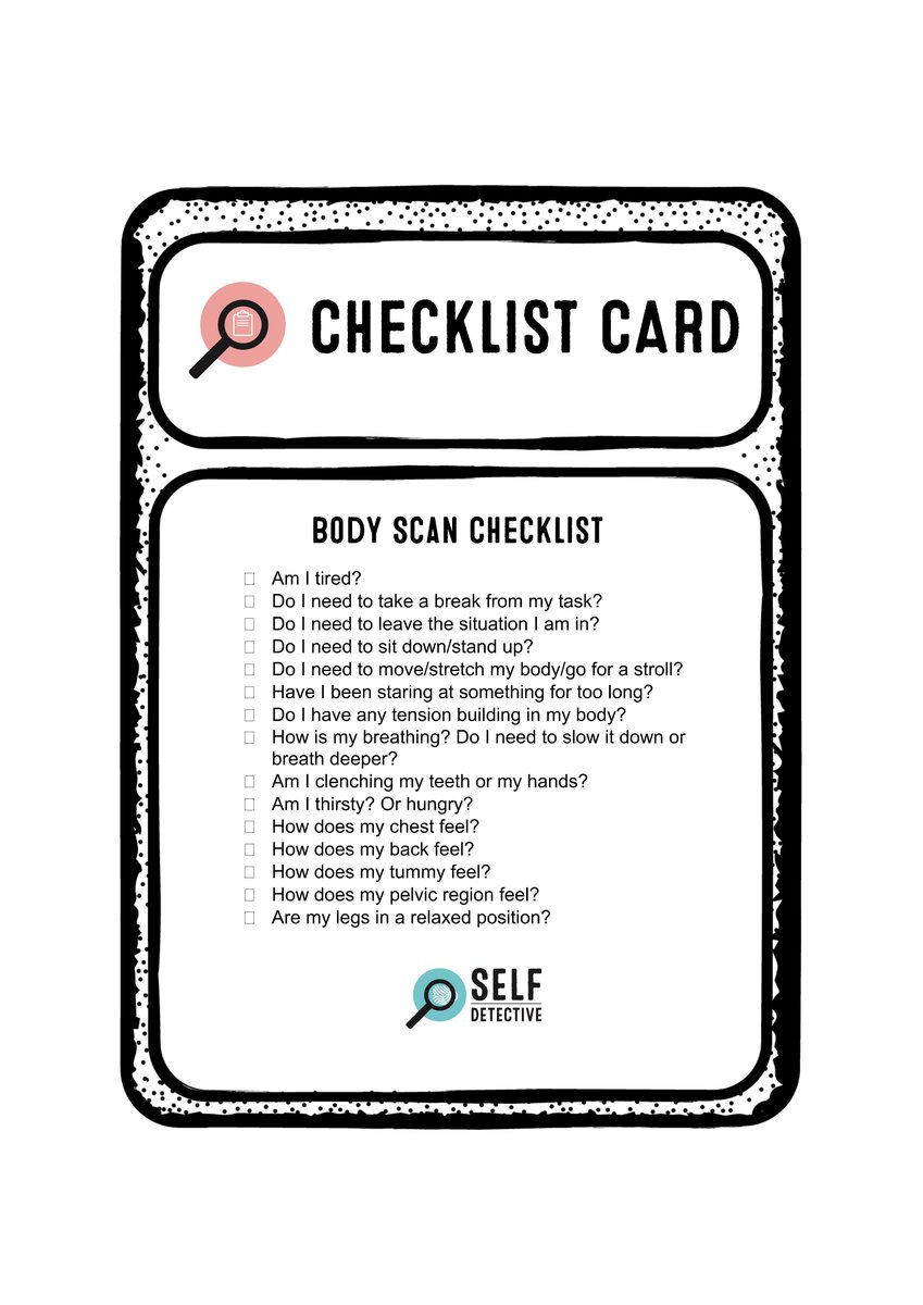 Another example of what a checklist could look like, this time using a number of body scan questions.
#WellnessJourney #SelfDetective #selfdetectivecard #2024Adventure #personalgrowth #selfcare