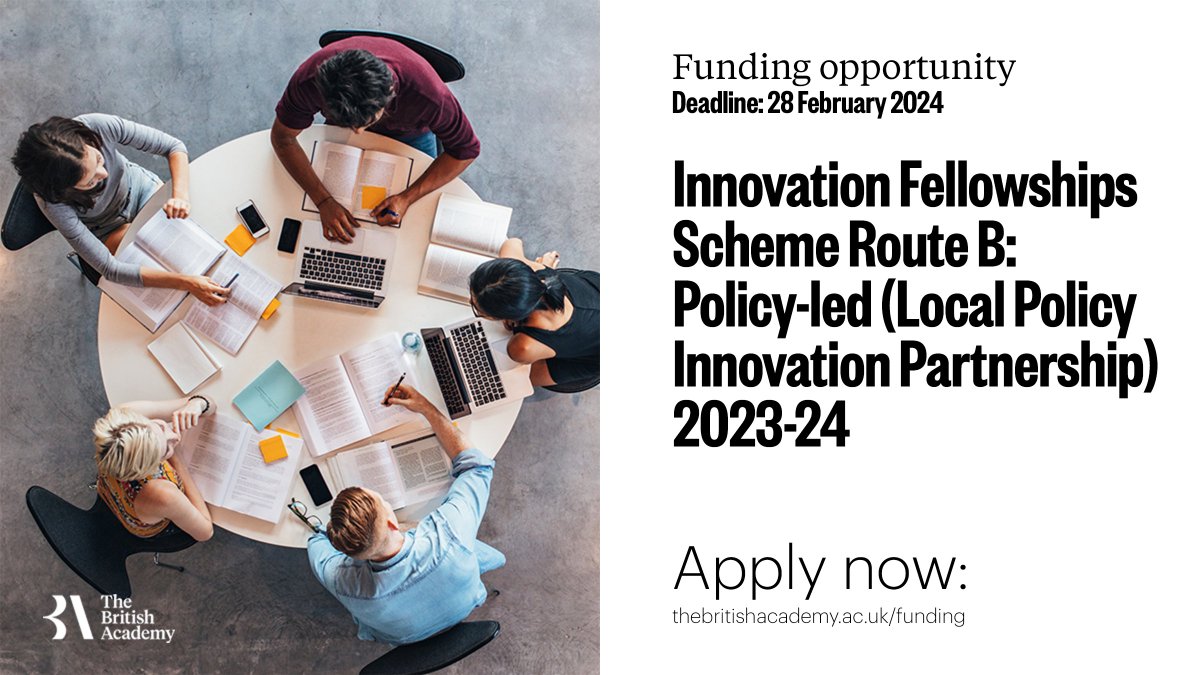 The Innovation Fellowships Scheme Route B: Policy-led, run with the Local Policy and Innovation Partnership Strategic Coordination Hub at @unibirmingham, aims to develop new policies to tackle issues affecting UK communities. Apply now: @UKRI_News @ESRC thebritishacademy.ac.uk/funding/innova…