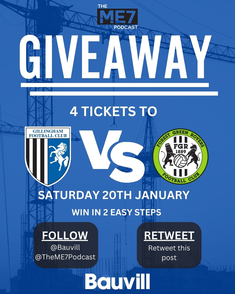 TheME7Podcast's tweet image. GIVEAWAY

We are delighted to be giving away 4 FREE tickets to #Gills next home game against Forest Green in partnership with @bauvill.  

To win, 

Retweet this tweet 
Be following us
Be following @bauvill 

We will then pick a winner at random and the tickets will be then…