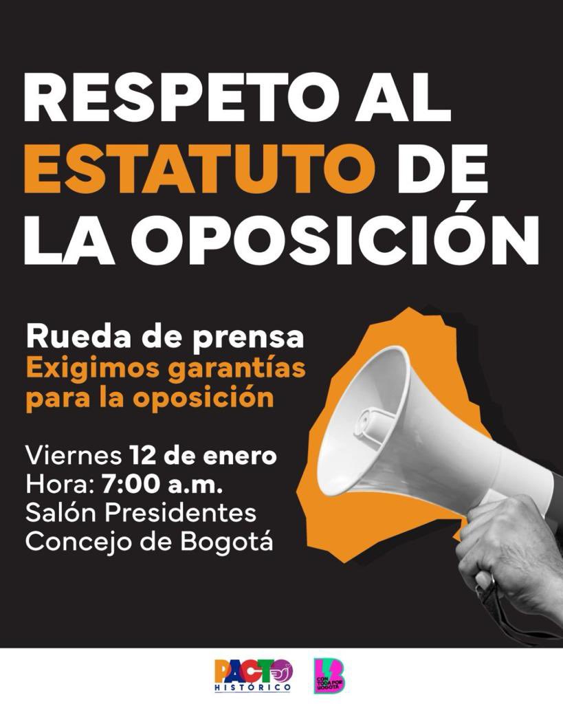 Donka_At's tweet photo. #Atención | Bancadas del @PactoHistorico y del movimiento #ConTodaPorBogota @JDOviedoA  exigimos respeto al #EstatutoDeLaOposición y que se brinden las garantías a nuestrxs concejalxs para la labor normativa y de control político.
Invitamos a todos lo medios Viernes 12 Enero, 7am https://t.co/2qRMZyFJ72