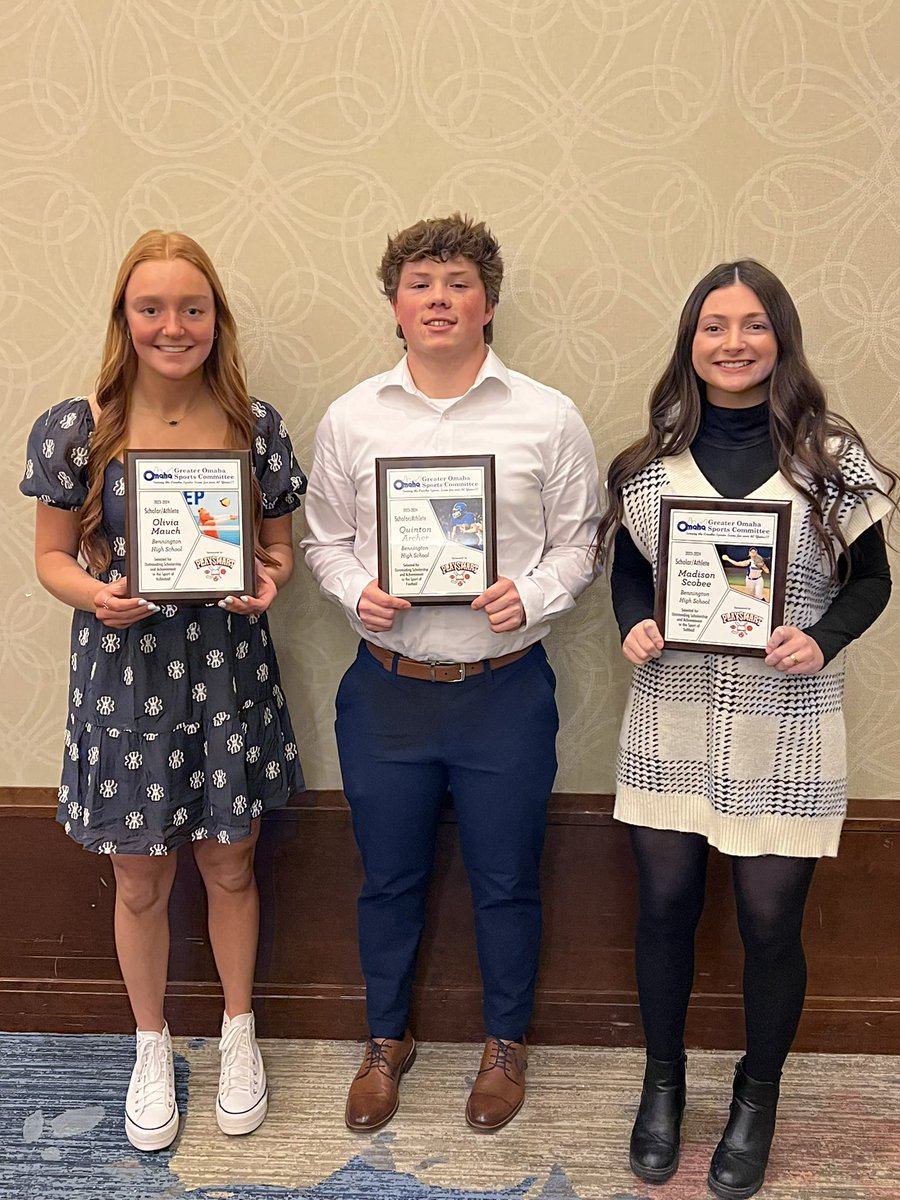 WeRBennington's tweet photo. Incredible to see 3 Badger seniors honored as exceptional scholar athletes today by the Greater Omaha Sports Committee!! Well done Liv Mauch, Quinton Archer, and Madi Scobee! Well deserved! @Badger_FB @BadgerVolleybal @Badger_Softball #wearebps https://t.co/02n7EeFFZk