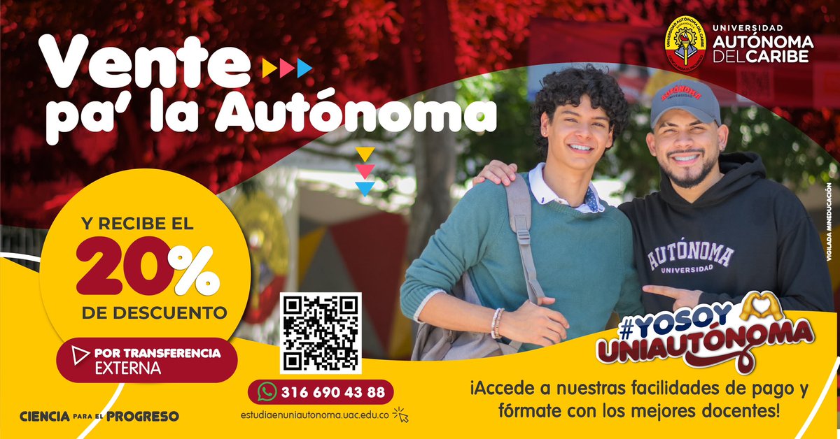 UAutonoma's tweet photo. ¡Pásate pa’ la Autónoma y fórmate con los mejores docentes! ❤️💛

Accede a nuestras facilidades de pago y recibe el 20% de descuento. 📌

👉https://t.co/VNTUQOPO0k https://t.co/fPsiCxvfZe