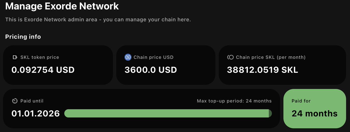 The inaugural chain payment after the passage of SIP 1 is official! @ExordeLabs used $SKL to pay their chain subscription fee, covering the next 24 months. The chain pricing model allows devs to plan financially and provides an extra revenue stream to validators! 🚀