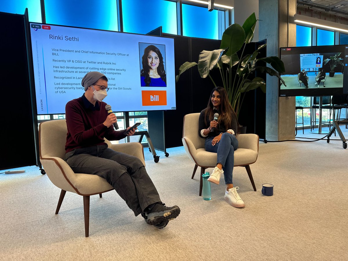Lacework (@lacework) on Twitter photo We loved having <a href="/rinkisethi/">Rinki Sethi</a> of <a href="/billcom/">BILL</a> at our company all hands today in a fireside chat with Lacework #CISO <a href="/LeaKissner/">Lea Kissner</a>. Rinki shared that her favorite part of being a CISO is "building a culture of security into the DNA of a company." We love a shared vision with our We loved having <a href="/rinkisethi/">Rinki Sethi</a> of <a href="/billcom/">BILL</a> at our company all hands today in a fireside chat with Lacework #CISO <a href="/LeaKissner/">Lea Kissner</a>. Rinki shared that her favorite part of being a CISO is "building a culture of security into the DNA of a company." We love a shared vision with our