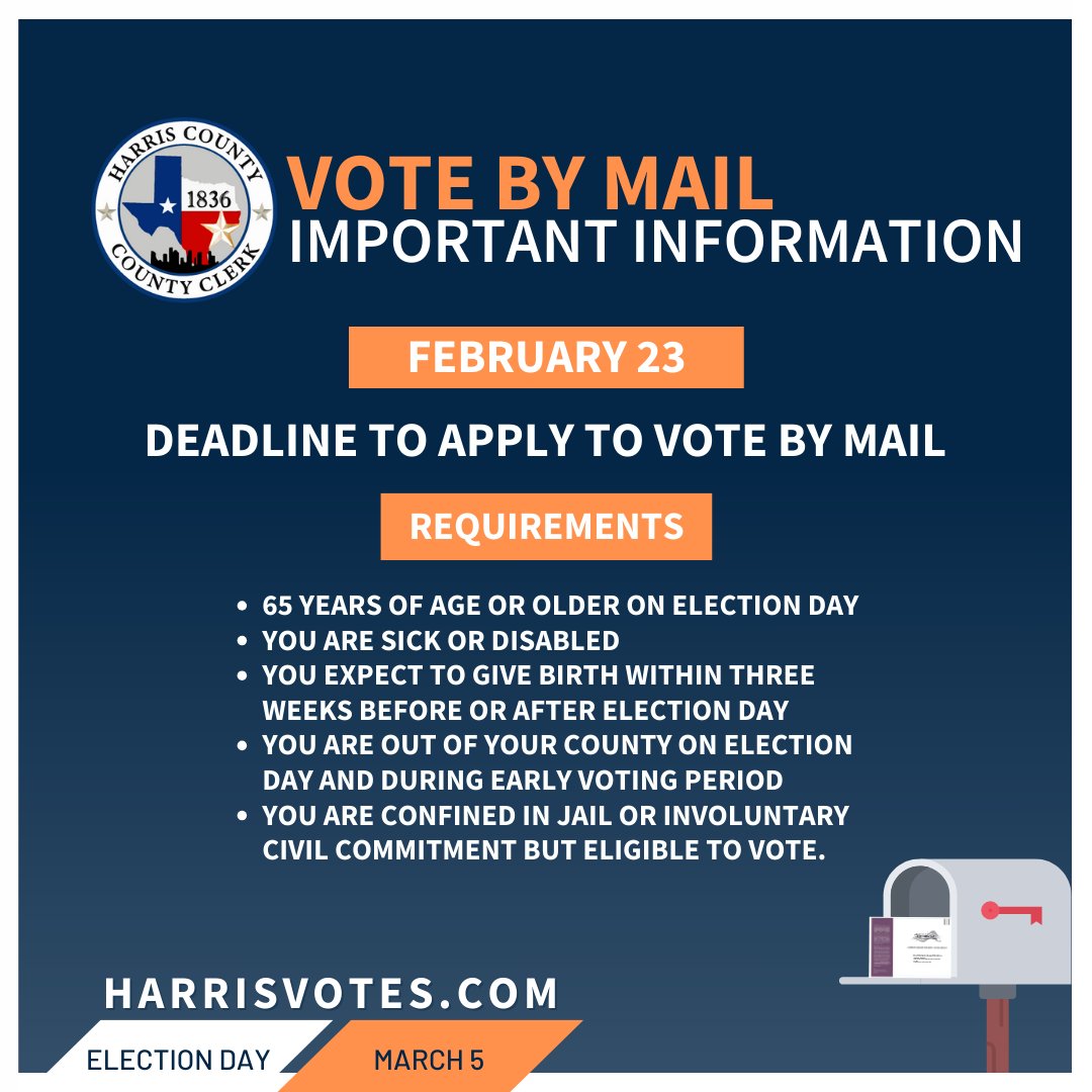 HarrisVotes's tweet photo. Vote by Mail things to know! 🗓️ Ensure your voice is heard by noting these key dates and requirements. Visit https://t.co/8qx75WEFi7 for more. #hcco #harriscountyclerksoffice #harrisvotes #hcelections #54days https://t.co/ZZnm0cKo1v