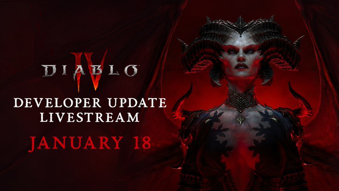 Diablo IV’s Lilith stares forward, wings outstretched, framed in red light against a bright red background. Text overlaid reads, Diablo IV. Developer update livestream. January 18.