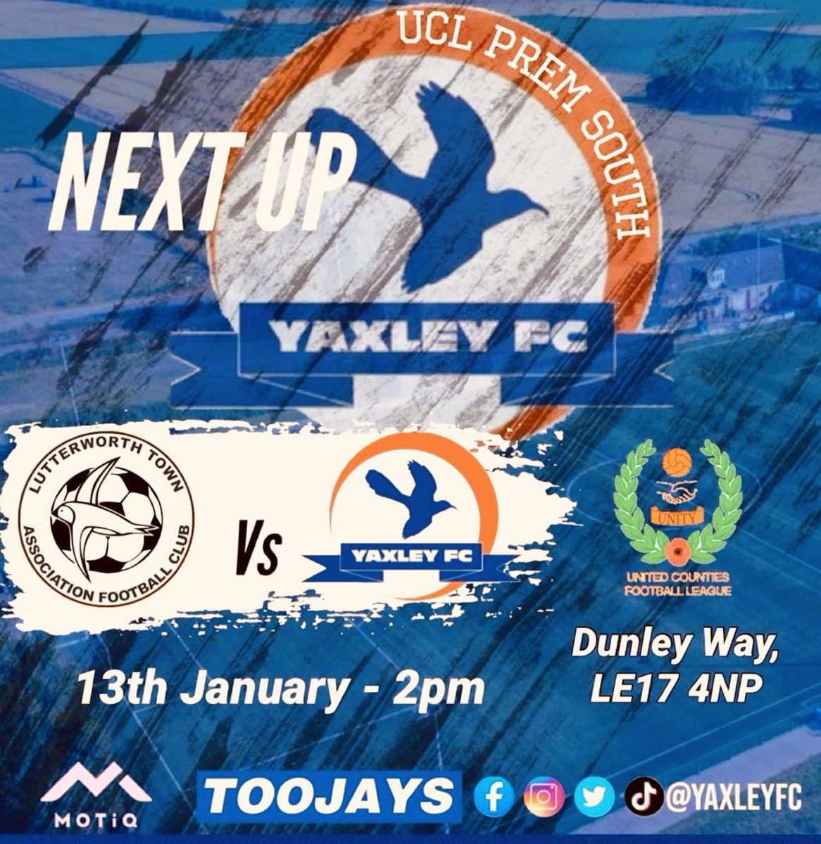 Our next  match of the season is away on  Saturday 13th January 2024  🆚 <a href="/Official_LTFC/">Lutterworth Town FC</a> 
🏆 <a href="/utdcos/">UCL</a> Premier Division South
🏟 Dunley Way, Lutterworth LE17 4NP
⏱ 2:00pm
Come and support us 👏🏽👏🏻👏🏿👏
#Cuckoos  
🔵🟠🔵🟠
Sponsored kindly by <a href="/MOTIQSPORTS/">MOTiQ</a>  &amp; <a href="/TTHRC/">TOOJAYS Training</a>