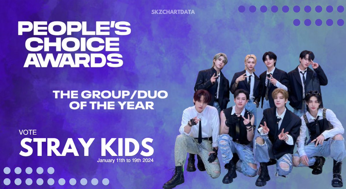 skzchartdata's tweet photo. 🟪 PEOPLE'S CHOICE AWARDS 🟪
• Group of the Year •

STAYs, please vote for #StrayKids!

⏳ 01/11 – 01/19
ℹ️ 1 vote per day per e-mail address 

❗VOTES on January 16th will count DOUBLE = Turbo Voting Window ❗

🗳️ https://t.co/bHjcM5tG2R

 @Stray_Kids #SKZatPCAs https://t.co/Xe3KAl9Mhr